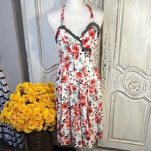 Girls Floral Halter Dress with Lace Trim Size 16